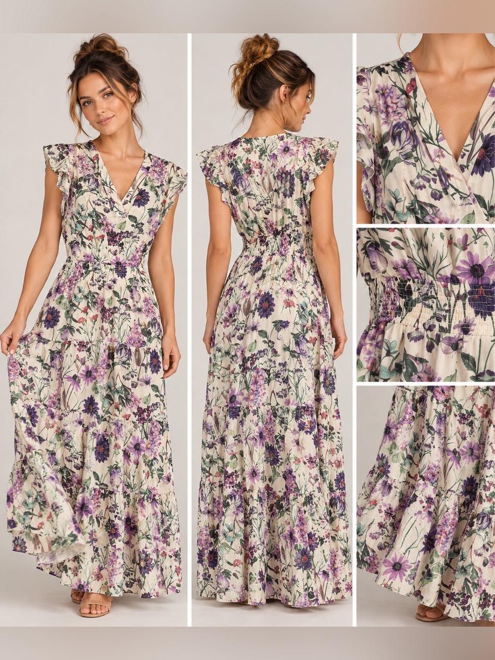 Floral V-Neck Maxi Dress in Cream with Purple & Green Floral Print